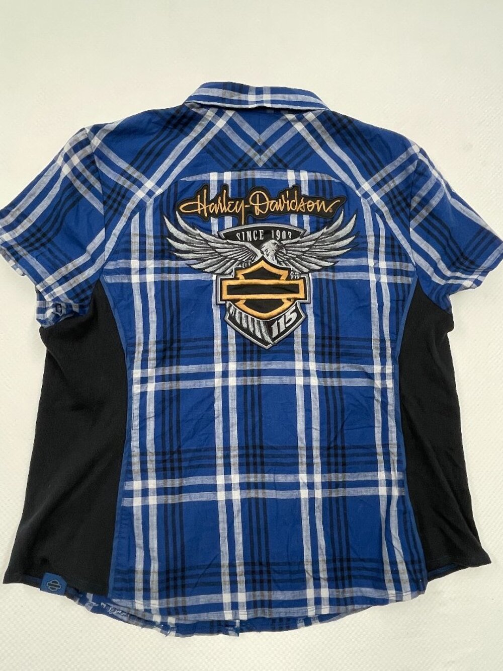 Harley-Davidson Stretch Blue Plaid 115th Anni Eagle Button Shirt Top Women's 2XL